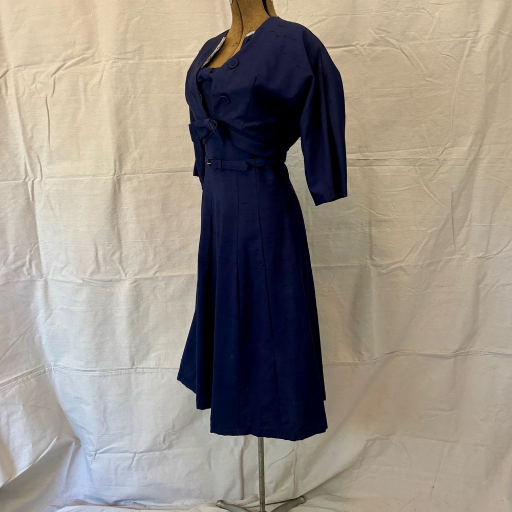 Vintage 60s Mod Navy Blue Textured Cotton Dress Suit Polka Dot Lining Jacket S - Picture 10 of 12